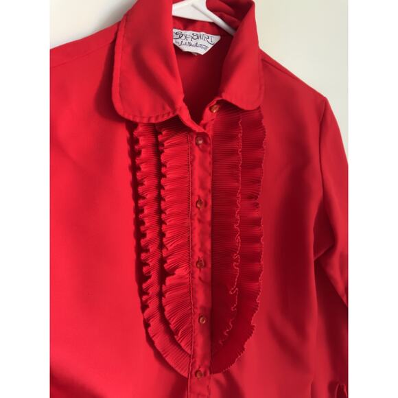 Vintage 70s Red Tuxedo Blouse Womens Size Small Romantic Ruffle Detail - Picture 5 of 8